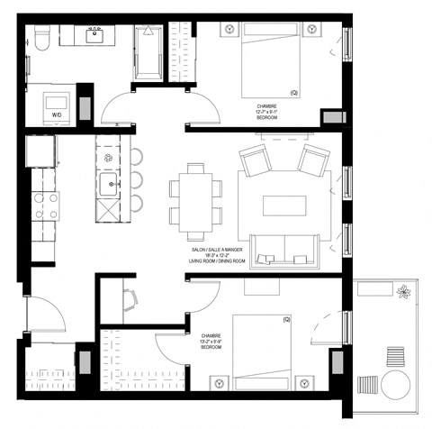Floor plan for 2 beds, 1 bath, 921 sqft